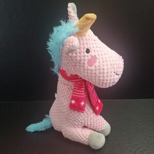 Holiday Time Pink Unicorn Plush 12" Dog Toy Squeaker Belly Winter Scarf
